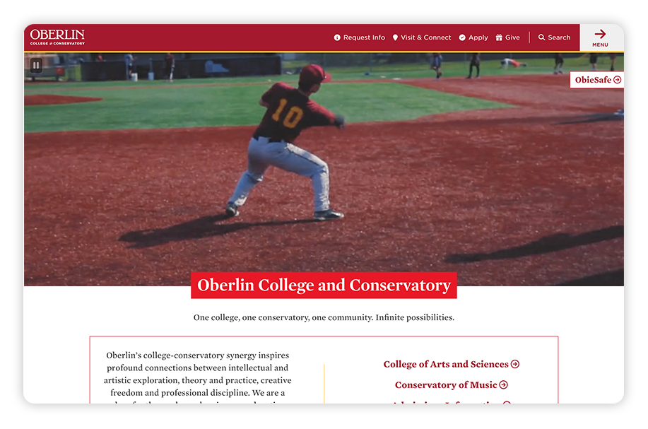 Oberlin College lives up to its academic reputation with its robust college website design.