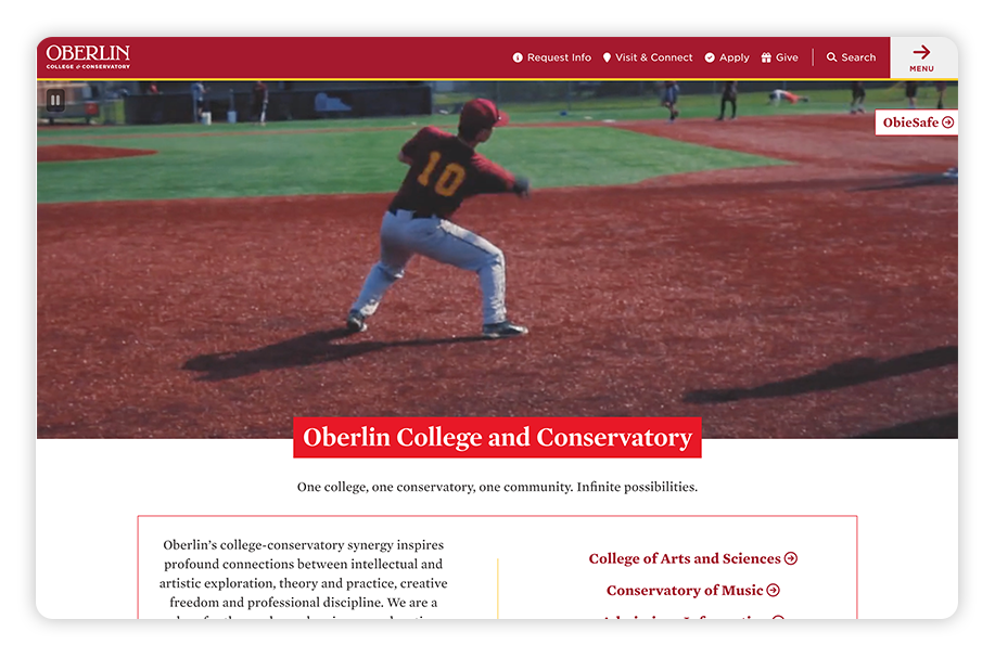 Oberlin College lives up to its academic reputation with its robust college website design.