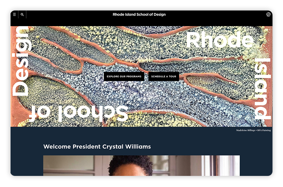 Rhode Island School of Design naturally incorporates students' work into its college website design.