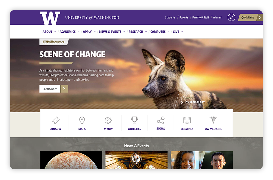 University of Washington has a strong college website design because of its comprehensive navigation.