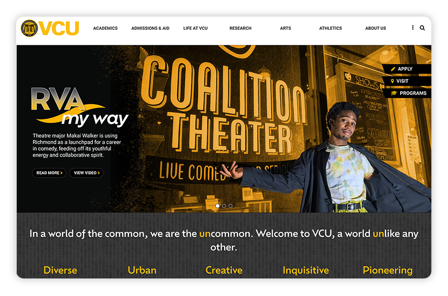 Virginia Commonwealth has a strong college website because of its well-positioned CTAs.