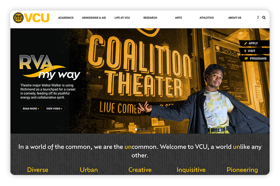 Virginia Commonwealth has a strong college website because of its well-positioned CTAs.