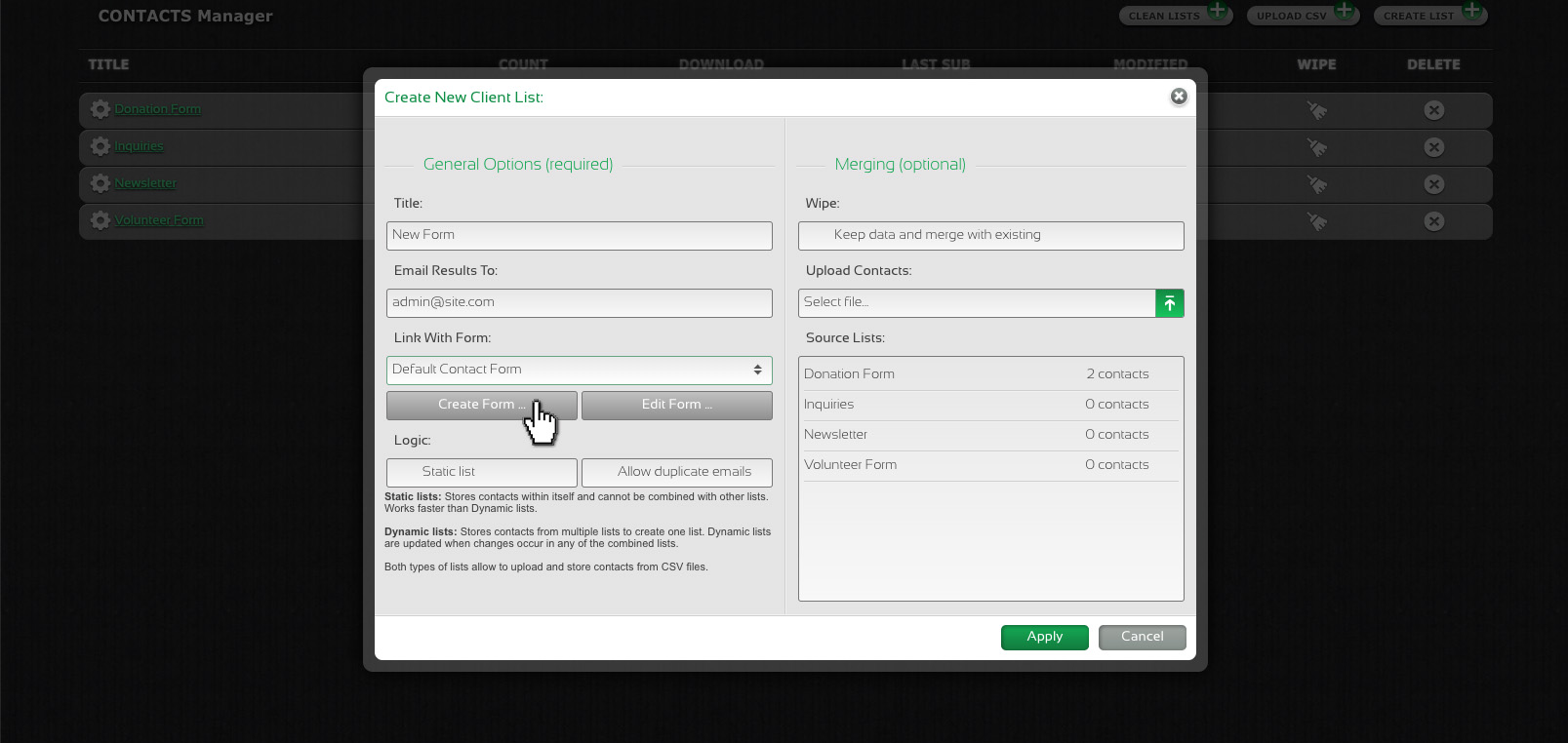 Morweb creating a form