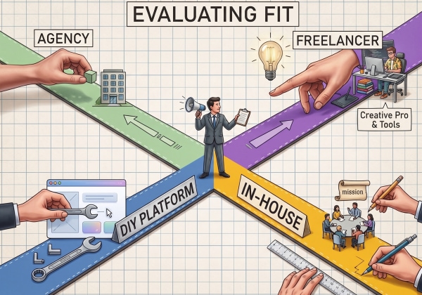 An illustration titled "EVALUATING FIT" featuring a businessman standing at a four-way intersection on a grid background. Each path represents a different business approach: "AGENCY" (top left), "FREELANCER" (top right), "DIY PLATFORM" (bottom left), and "IN-HOUSE" (bottom right), each illustrated with hands interacting with representative tools and figures.