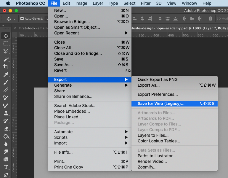 Photoshop settings: Export and Save for Web