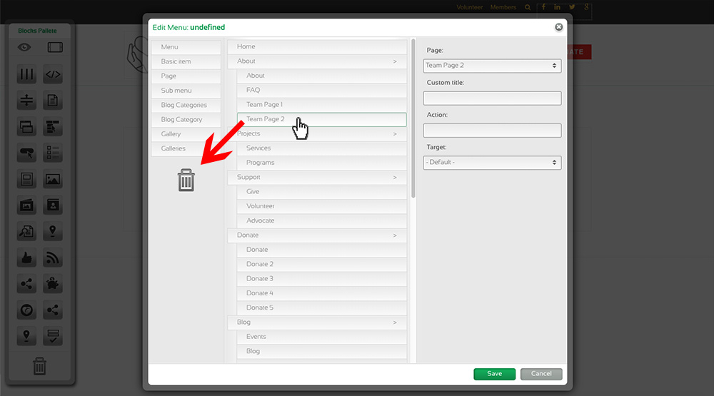 Morweb navigation menu editor: deleting an item