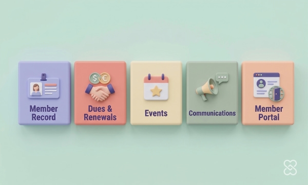 Five colorful 3D tiles displaying key association tasks: Member Record, Dues & Renewals, Events, Communications, and Member Portal.