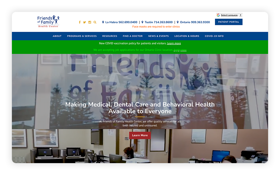 The Friends of Family Health Center has an excellent healthcare website design.