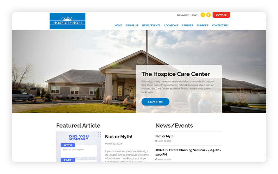 Hospice of Hope's healthcare website design is straightforward and engaging.