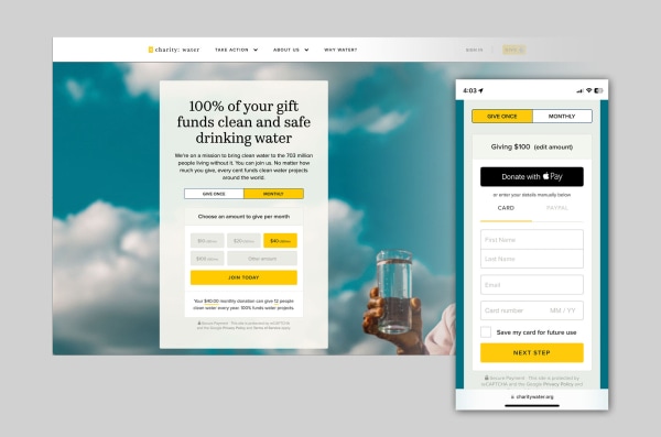 Easy-to-use donation process on Charity: water's website