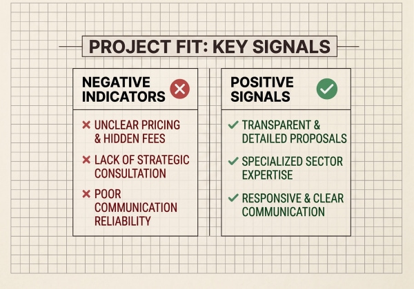 A graphic titled "PROJECT FIT: KEY SIGNALS" set against a grid paper background. It features a two-column comparison box: "NEGATIVE INDICATORS" marked with a red X listing unclear pricing, lack of strategic consultation, and poor communication, alongside "POSITIVE SIGNALS" marked with a green checkmark listing transparent proposals, specialized sector expertise, and responsive communication.