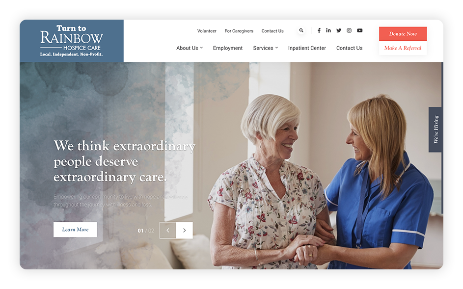 Rainbow Hospice Care's medical website design features a variety of images that help the organization connect with its web audience.