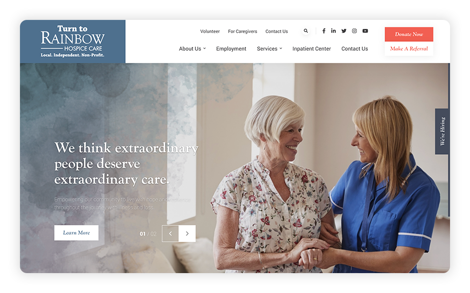 Rainbow Hospice Care's medical website design features a variety of images that help the organization connect with its web audience.