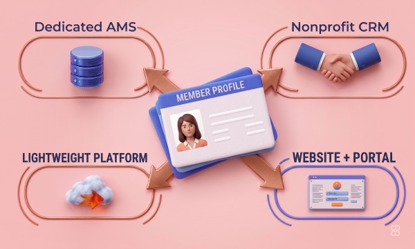 Central profile card connecting four systems: Dedicated AMS, Nonprofit CRM, Lightweight Platform, and Website + Portal.