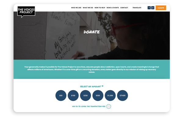 A screenshot of The Voices Project’s donation page, illustrating that these pages are an important part of your NGO website development.