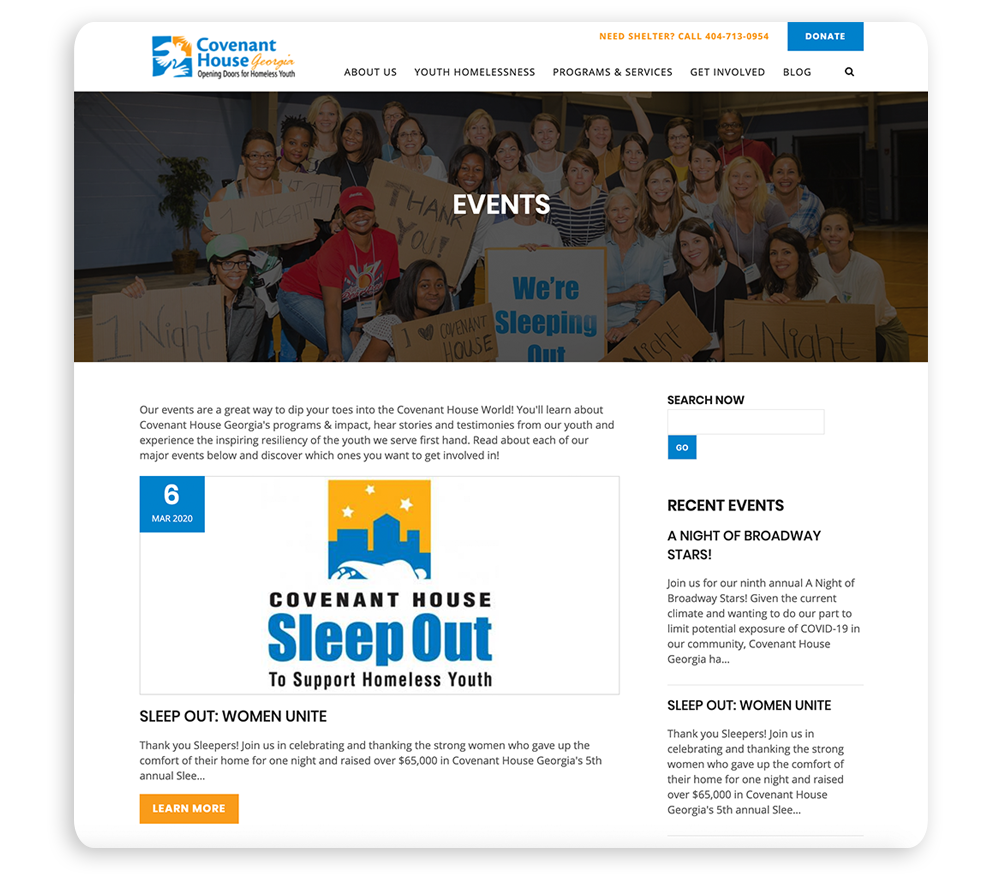 Include an events page like this one from Covenant House Georgia in your NGO website development.