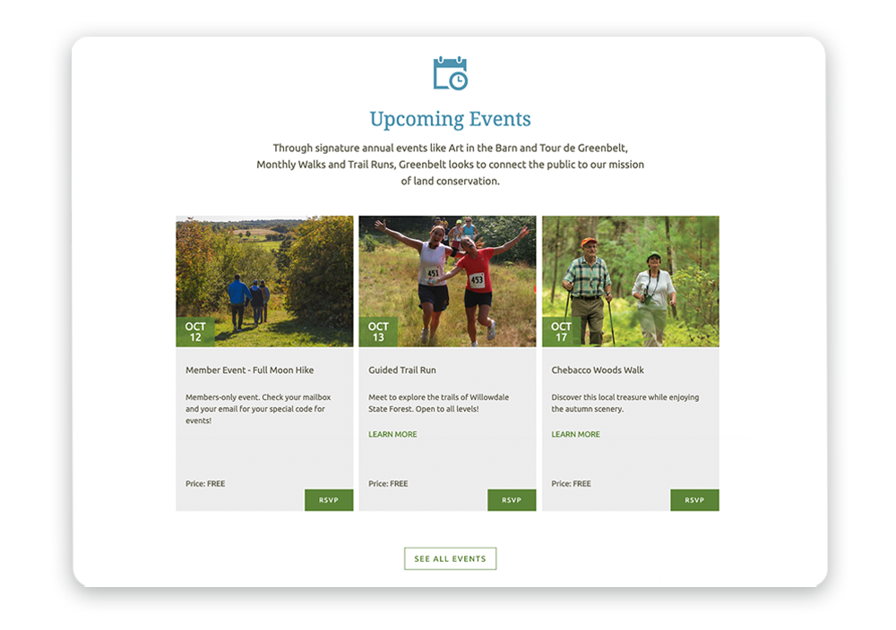 Displaying upcoming events on your homepage where they’re easy to find is a nonprofit website design best practice.