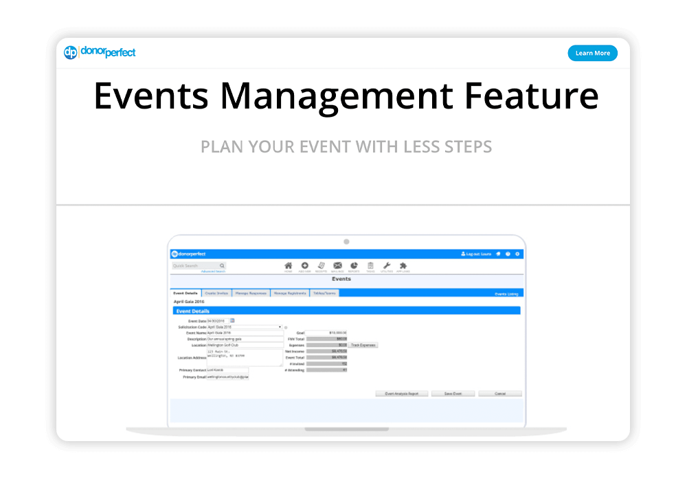 DonorPerfect's nonprofit event management software makes it easy to send event invitations and manage guests.