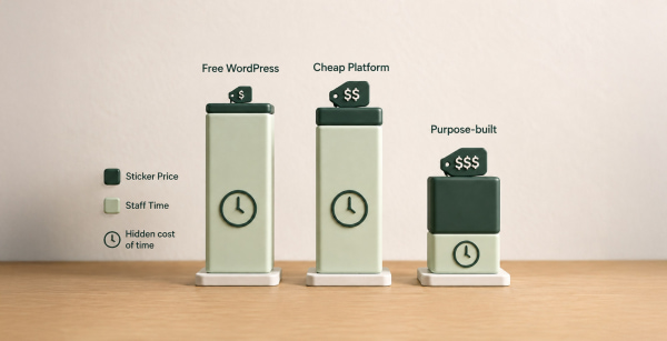 Comparison of free WordPress, cheap platforms, and purpose-built website platforms showing sticker price versus hidden staff-time costs