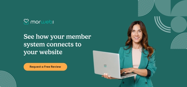 Morweb banner featuring professional woman with laptop and Request a Free Review button