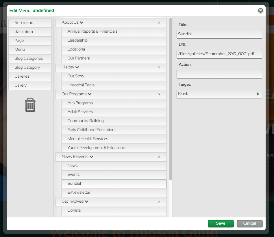 Editing the Hudson Guild navigation menu - adding a link to the Sundial