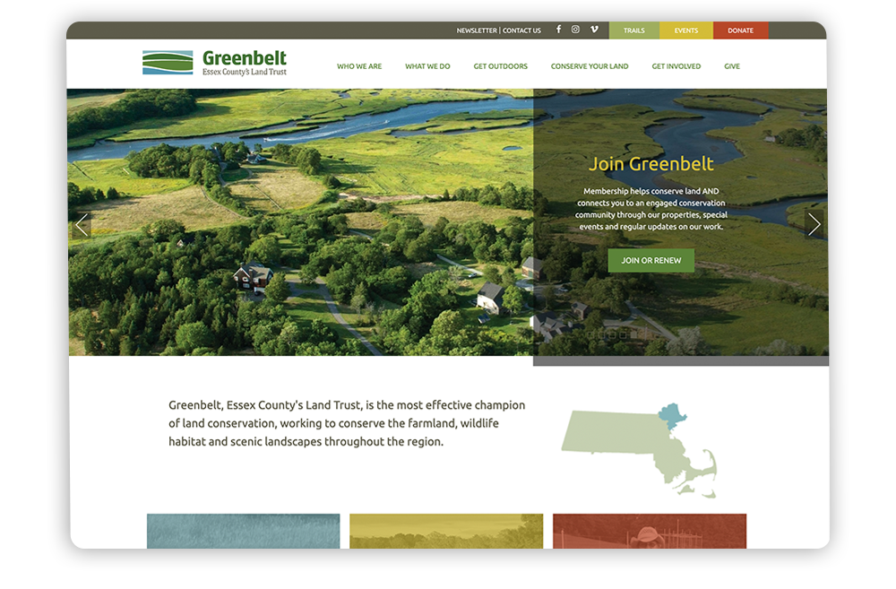 Consider how Greenbelt conveys their mission in their NGO web design.