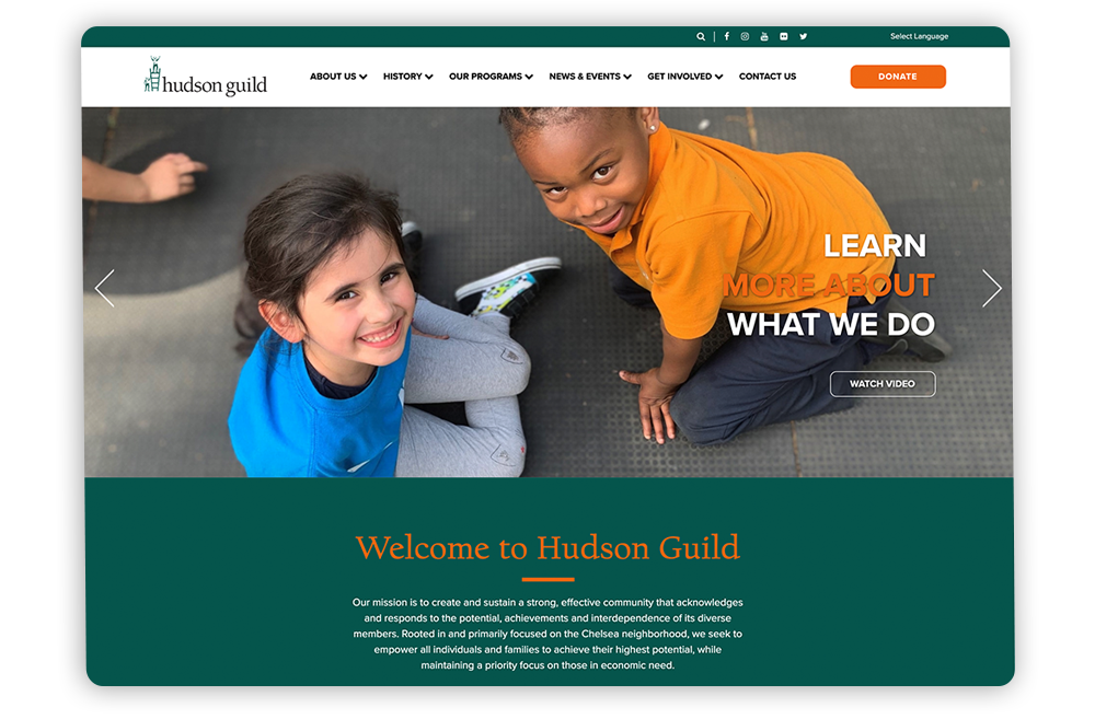 Consider how the Hudson Guild uses engaging imagery when you’re designing your NGO website.