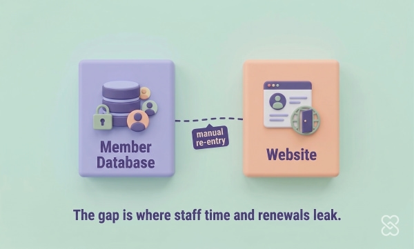 Member Database tile separated from a Website tile by a dashed line labeled "manual re-entry," with text reading "The gap is where staff time and renewals leak.