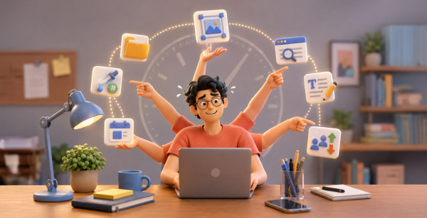 Staff member multitasking at a laptop with icons representing recurring website management tasks and time-consuming updates