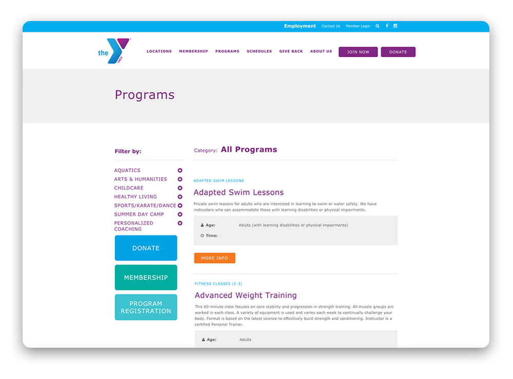 YMCA programs page design
