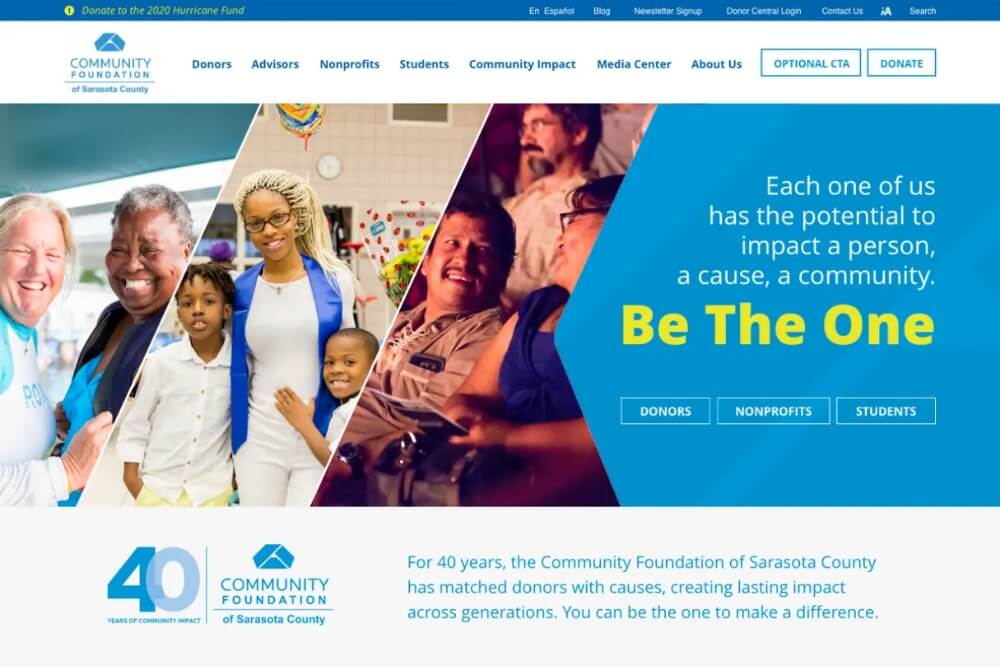 A screenshot of CFSarasota's website